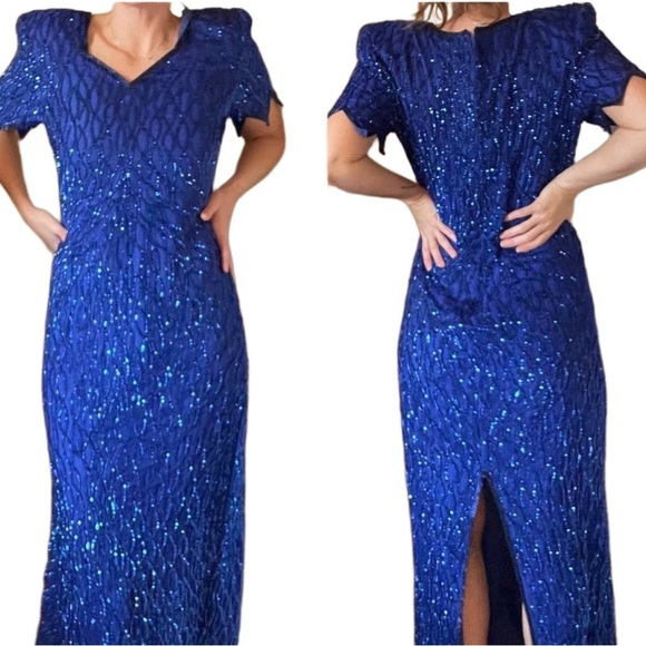 Vintage gatsby style beaded maxi gown 80s laurence kazar Blue 100% Silk dress - Picture 1 of 10